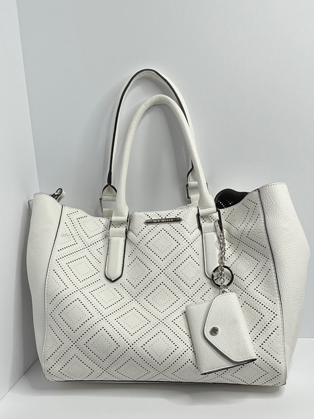 Steve Madden White Perforated Diamond Tote with Key Pouch